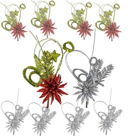 Poinsettia Floral Clips Set of 10 Long Silver, Red and Green Christmas Glittery Holiday Sprays with Clips Attached