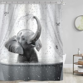 Riyidecor Funny Elephant Shower Curtain African Animal Playing Water in Bathtub Cute Wild Butterfly Raindrop Grey Wildlife 60Wx72H Inch Kids Fabric Decor Bathroom Polyester Waterproof 12 Pack Hooks