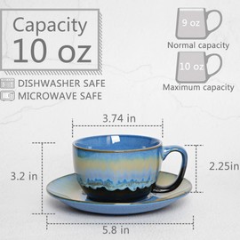 Bosmarlin Ceramic Cappuccino Cup and Saucer Set of 2, 10 Oz, Dishwasher and Microwave Safe, Coffee Cups for Latte, Espresso, Tea, Reavtive Glaze (Blue, 10 oz)