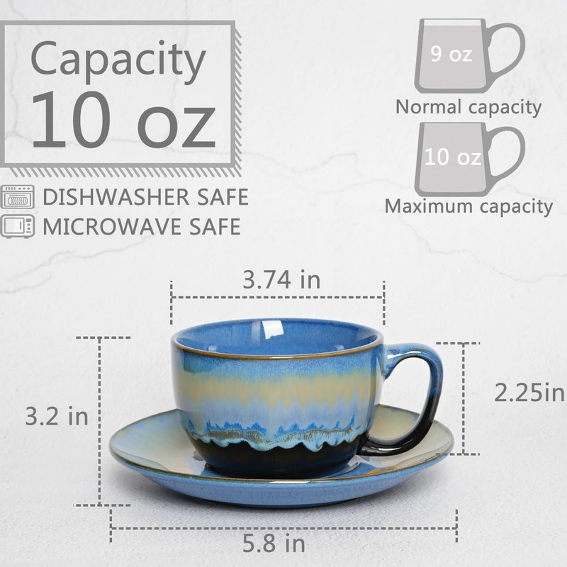 Bosmarlin Ceramic Cappuccino Cup and Saucer Set of 2, 10