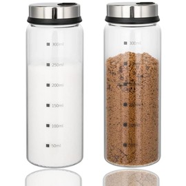 2 Pack Salt and Pepper Shakers, 300ml Spice Jars with Shaker lids, Salt Shakers Glass with Adjustable Pour Holes, Stainless Steel Seasoning Containers, Spice Bottles Glass for Kitchen