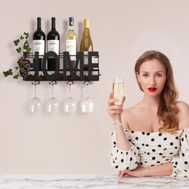 SODUKU Wall Mounted Metal Wine Rack - Wine Rack Wall Mount Wine Bottle Holder 4 Long Stem Glass Holder & Wine Cork Storage Home