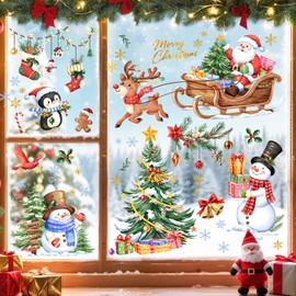 Large Christmas Window Clings Christmas Tree Santa Claus Reindeer Snowman Snowflake Xmas Window Stickers Decals for Winter Holiday Decorations Home Decor Party Supplies