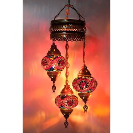 Asylove Turkish Ceiling Lamp, Mosaic Pendant Lamp Turkish Chandeliers 3 Globe Moroccan Ceiling Lighting Art Deco Brillant Fixture, 5 inc Globe - Total Dimensions 14x14x35 inch (Red)