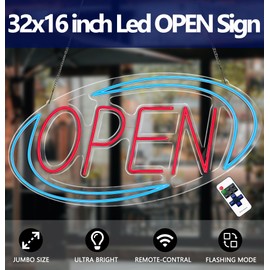 Open Signs for Business,Neon Open Sign Led,32"x 16",Remote Control Open/Closed Bussiness Hour Sign Set,Light for Bar Coffee Salon Store Window,12V/3A Adapter with ON/OFF Switch (Blue/Red Oval)