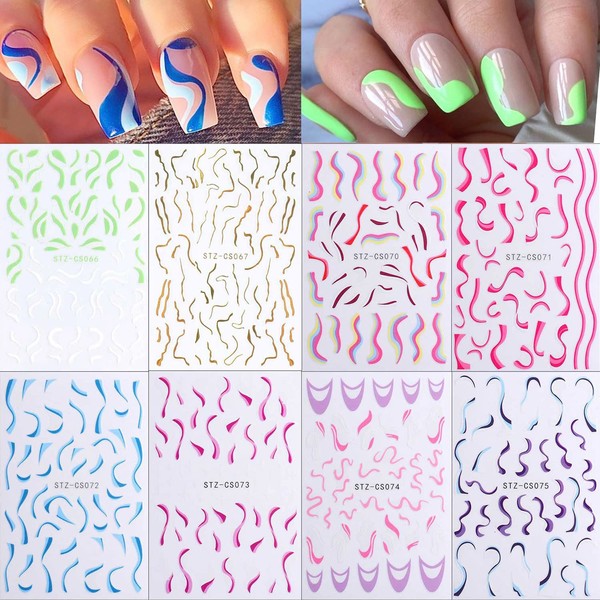 French tip nail stickers-8 Sheets 3D French Nail Decals DIY Personality Nail Art Sticker Simple lines Nail Decorations for Women Girls Gift