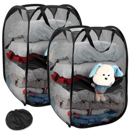 Cesto Ropa Sucia de Malla Plegable, 2 Pack Cesto para Ropa Lavanderia con Bolsillo Lateral y Asas Reforzadas, 60L Cesto de Ropa Sucia Emergente, para Lavandería, Dormitorio, Baño y Balcón(32x32x58cm)