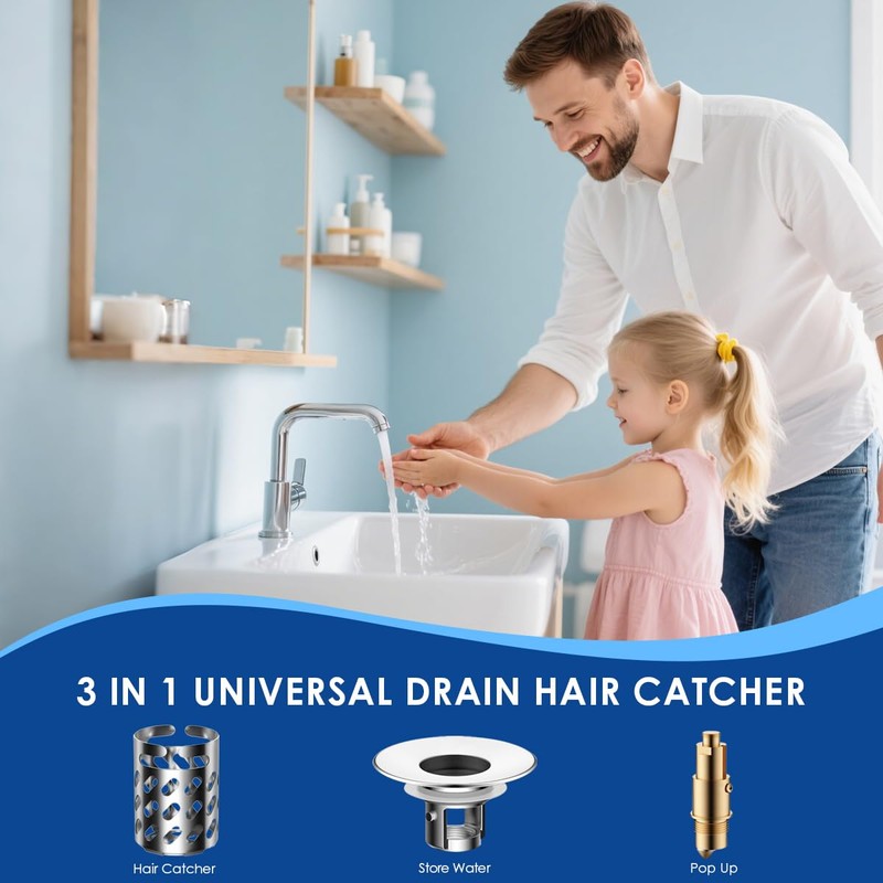 Bathroom Sink Stopper with Hair Catcher, Universal Pop-Up Drain Strainer