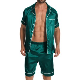 AIYINO Men's Silk Satin Pajamas Sets Short Sleeve Sleepwear Button-Down PJs Sets Two-Pieces Loungewear with Pockets 2XL Green