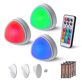 EverBrite #springtok EverBrite Tap Light, LED Puck Lights, Wireless Push Lights, Remote Controlled Closet Lights with 12 RGB Colors, Perfect for Under Cabinet, Closets, Pantry, with 9 AAA Batteries - Style: 3-Pack