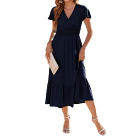Bluetime Women Dresses Summer Casual Midi Dress Wrap V Neck Swing Ruffle Short Sleeve A-line High Waist Tiered Long Dress, Navy Blue, X-Large