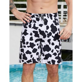 LISAINMAY Cow Print Mens Swim Trunks with Compression Liner Swimming Trunks 9 Inch Bathing Suit Quick Dry Swim Shorts Cargo Shorts
