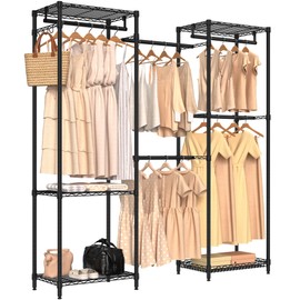 Folews Portable Closet Wardrobe Wire Garment Rack Freestanding, Large Clothes Rack with 5 Shelves & 5 Rods, Closet Organizer Rack Adjustable Clothing Rack System for Hanging Clothes, Black