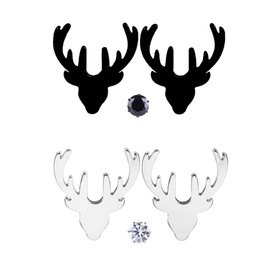 GAODECHA 2 Pairs Christmas Stud Earrings 2 Colours Cute Christmas Elk Piercings Earrings Stainless Steel Reindeer Antlers Earring for Women of All Ages Gifts (Silver Steel and Black Colour, Stainless