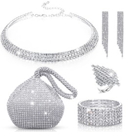 5 Pcs Women Crystal Jewelry Set Wedding Triangle Bling Evening Clutch Bag Glitter Rhinestone Stretch Choker Necklace Bracelet Ring Dangle Fringe Earrings for Bride and Bridesmaids (Silver)
