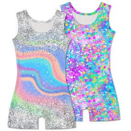 Taubow 2 Packs Gymnastics Leotards for Girls Size 5 6 Kids Biketard with Shorts Gradient Tie Dye Diamond Ballet Dance Leotard Unitard