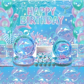Dolphin Party Decorations Including Backdrop Banner Plates Cupcake Toppers Napkins Cups Tablecloths Dolphin Birthday Baby Shower Party Supplies (Background)