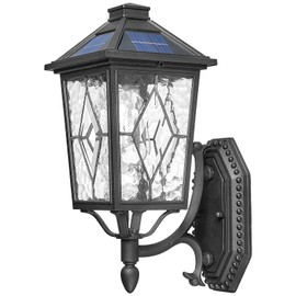 NAXTTII Solar Outdoor Wall Lamp Waterproof Aluminum Outside Solar Wall Lantern with Remote Control Black Outdoor Porch Lights Wall Mount with Water Ripple Handmade Solder Glass LED Bulb Included