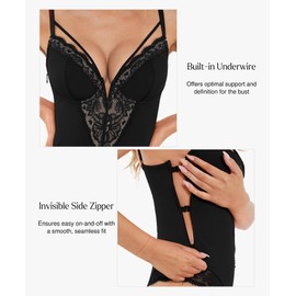 Popilush Lace Bodysuits for Women - V Neck Tummy Control Shapewear with Underwire Bra Side Zipper - Club Outfits Black S
