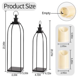 DARJEN 19'' 22'' Decorative Candle Lanterns, Large Farmhouse Decorative Metal Lanterns with 2 Flameless Candles, Black Candle Lanterns for Home Porch Fireplace Decor & Indoor and Outdoor Use