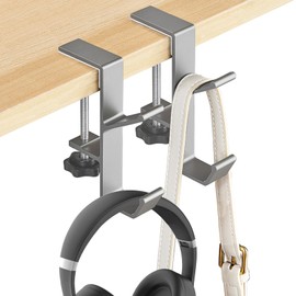 Betinyar 2pcs Gray Clamp-on Under Desk Headphone Hanger, Backpack Hook and Purse Holder, Desk Hook for Backpack Schoolbag Purse