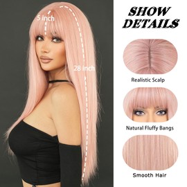 PARK YUN Pink Wig With Bangs Rose Gold Long Straight Wig 28 Inch Synthetic Heat Resistant Wig Natural Looking Wigs for Women Daily Wear