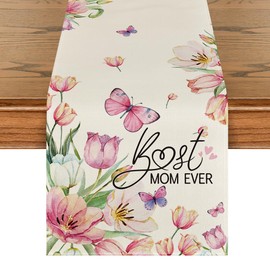 Artoid Mode Best Mom Ever Butterfly Floral Mother's Day Table Runner, Seasonal Spring Floral Kitchen Dining Table Decoration for Home Party Decor 13x72 Inch