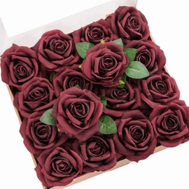 Ling's Moment Artificial Burgundy Flowers, 16pcs Faux Silk Roses with Stems, 3.5" Fake Wine Red Flowers Bulk for DIY Wedding Bouquets Centerpieces Party Baby Shower Home Decoration