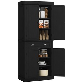 HOMCOM 72.5" Kitchen Pantry Cabinet, Traditional Freestanding Storage Cabinet with 4 Doors, Drawer and 3 Adjustable Shelves for Dining Room, Black Wood Grain