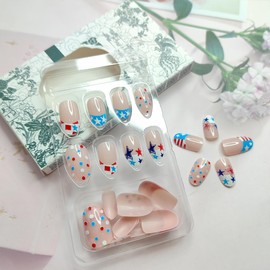 French Tip Press on Nails Short Almond Fake Nails 4th of July Press Ons Colorful Polka Dots Five-pointed Star False Nails Stiletto Glue on Nails Nude Pink Acrylic Nails for Independence Day Manicure