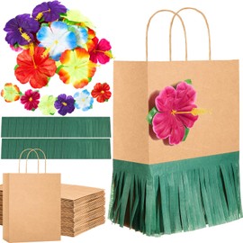 Suncalla 24 Sets Hawaiian Party Gift Bags with Hibiscus Flower and Grass Skirt, Luau Paper Bags with Handles Tropical Party Supplies for Wedding Summer Beach Bridesmaids Bachelorette(Brown)
