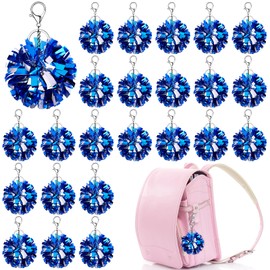 Youdaju 24 Pcs Cheer Pom Pom Keychain Cheering Keyring Charm Blue Foil Keychain Bulk Plastic Pom Poms for Cheerleading Keyring with Hooks for Girls Women Cheer Bag Jewelry Accessories Cheer Camp Gifts