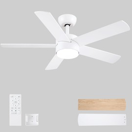 POCHFAN 42 inch White Ceiling Fans with Lights and Remote, LED Dimmable 3 CCT Temperatures 6-Speed, Noiseless Modern Ceiling Fan for Bedroom, Living Room, Dining Room, ETL Listed