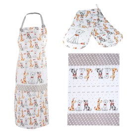 SPOTTED DOG GIFT COMPANY Set of 3 Drying Towels, Kitchen, Kitchen Apron and Double Oven Gloves, Heat Resistant, Cotton with Dog Motif, Gift for Dog Lovers, Women, Men, Dog Owners, White