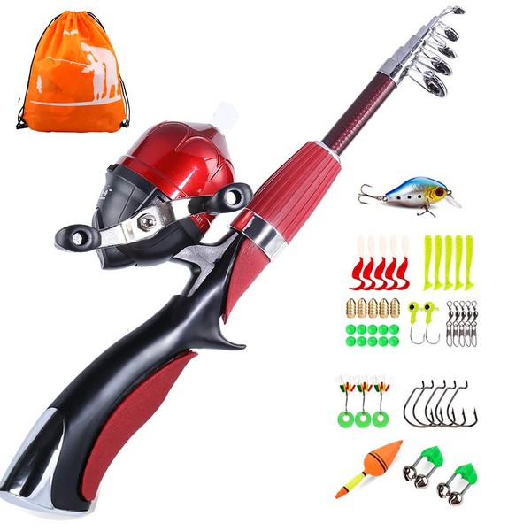 Sougayilang Kids Spincast Reel Telescopic Fishing Rod Complete Kits for Boys, Girls and Adults - Red
