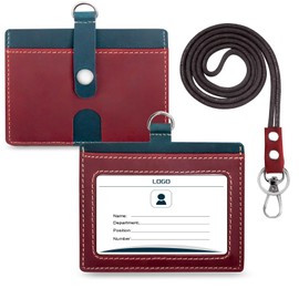 Boshiho Leather ID Card Holder Vertical Style Genuine Cowhide Credit Card Holder Stretchy Lanyard and Pen Holder for Office (Red-2)