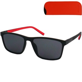 Mini Brille Flex Sunglasses with Prescription, Plastic Frame, Large and Rectangular with Flexible Arms, Black with Red Accent, Trend Case, Flex Reading Sunglasses for Men and Women, XL Lenses