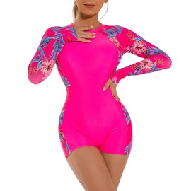 Rash Guard for Women Long Sleeve UV Sun Protection Rash Guard Shirts Cutout One Piece Swimsuit Zipper Surfing Bathing Suit UPF 50 Leaves Floral Print Rashguard Wetsuit Top Hot Pink Floral - Cutout L