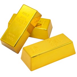 3pcs Fake Gold Bar Replica Golden Brick for Stage Decoration Pirate Costume Party Supplies, Bank Pretend Play(6.5 Inch).