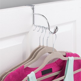 iDesign Orbinni Over The Door Valet Hook for Coats, Hats, Robes, Towels, Sweaters, Perfect for Bedroom, Bathrooms and Mudroom Closets, 1 Hook with 4 Slots for Clothing Hangers, Chrome