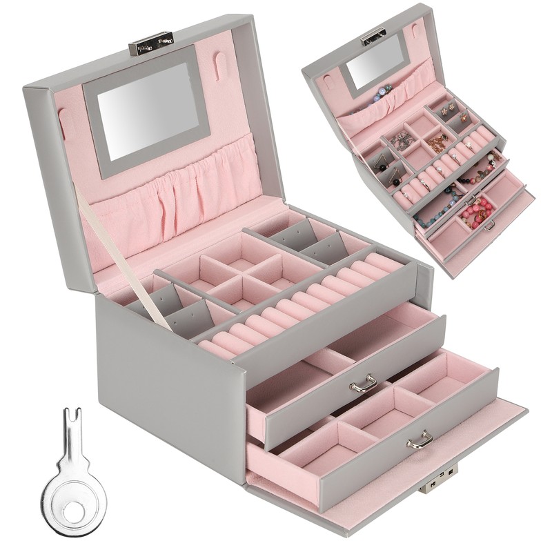 Three Layer Jewelry Storage Box PU Leather Necklace Rings Earrings