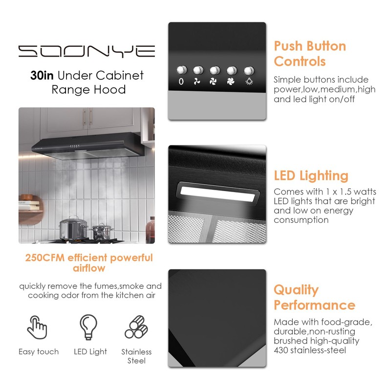 SOONYE 30 inch Black Under Cabinet Range Hood, Stainless Steel