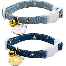 Faygarsle 2 Pack Denim Breakaway Cat Collars with Bell Cat Paw Pendant Kitty Kitten Collars Blue Collar for Female Girl Cats Male Boy Cats Star Print