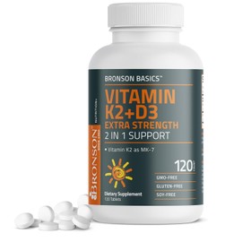Bronson Vitamin K2 (MK7) with D3 Supplement Extra Strength 2 in 1 Support, 10,000 IU Vitamin D3 & 120 mcg K2 MK-7, 120 Tablets