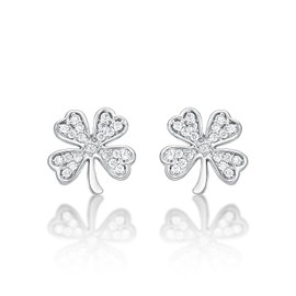 Diamond Treats Lucky 4 Leaf Clover Earrings in 925 Sterling Silver with White Cubic Zirconia Stones, Silver Four Leaf Clover Stud Earrings for Women and Girls, Dainty Silver Jewellery for Women
