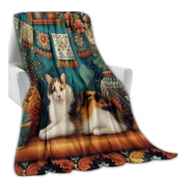 Exotic Calico Cat Blanket Gifts for Boys Girls Kids, Beautiful Potted Plant Flower Ornate Textile Throw Blankets for Sofa Office Couch Room Decor, Cozy Lightweight Warm Soft Throws, 50x60 in