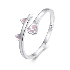 Bellitia Jewelry Paw Cat Ring for Women 925 Sterling Silver Girls Adjustable Ring Set Jewellery Gift for Women