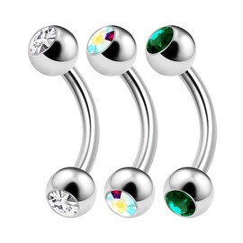 KJM Fashion 3 x Steel Banana Barbell Earrings 1.6 mm 14 g, Stainless Steel