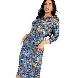 ICONOFLASH Women's Holographic Snake Print Bodycon Dresses 3/4 Sleeves Crew Neck Size Medium