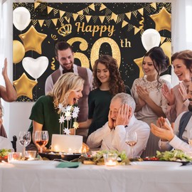 Happy 60th Birthday Banner 60th Photo Backdrop Black Gold Birthday Party Background Supplies Backdrop Props, Birthday Decorations for Men and Women 60th Backdrop Banner Photo Booth Sign 180×110cm